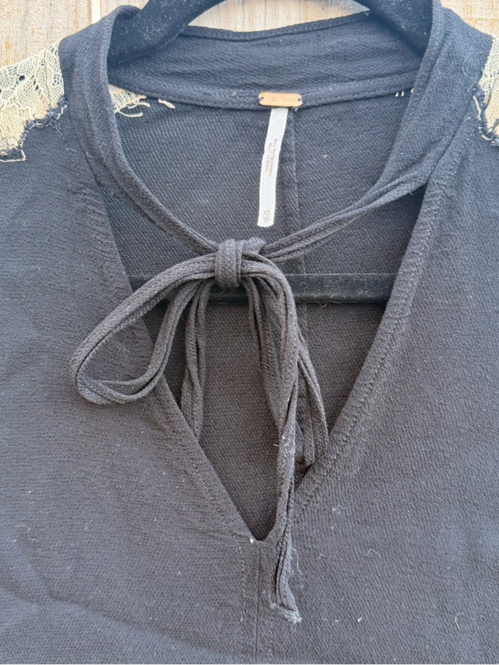 Free People Freya lace arm XS rayon tie neck V-Neck black long sleeve shirt